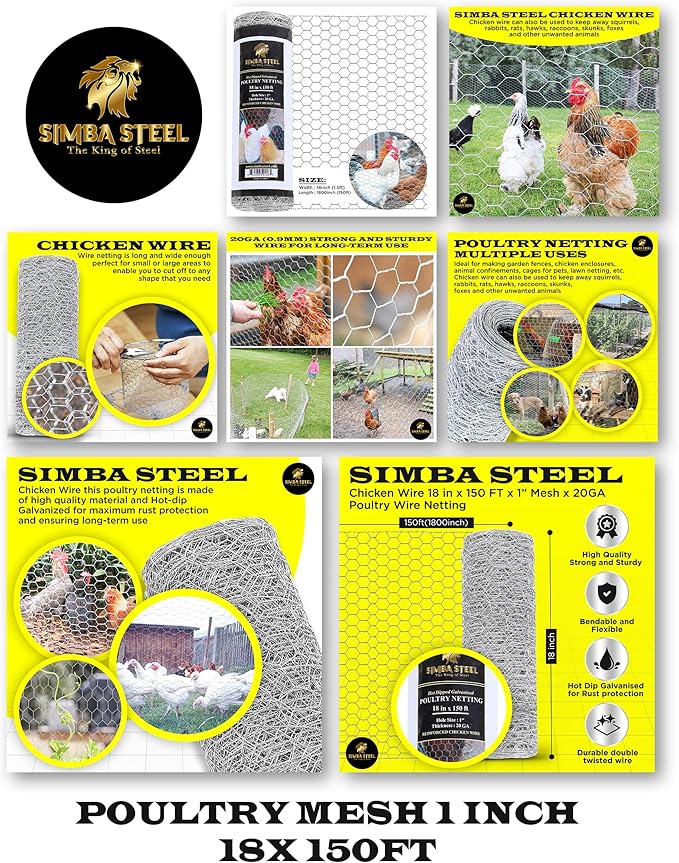 Chicken Wire 18 in x 150 FT x 1” Mesh x 20GA | Poultry Wire Netting | Hot Dipped Galvanized | Chicken Coop, Rabbit Cage, Fence Barrier (18 x 150 x 1)