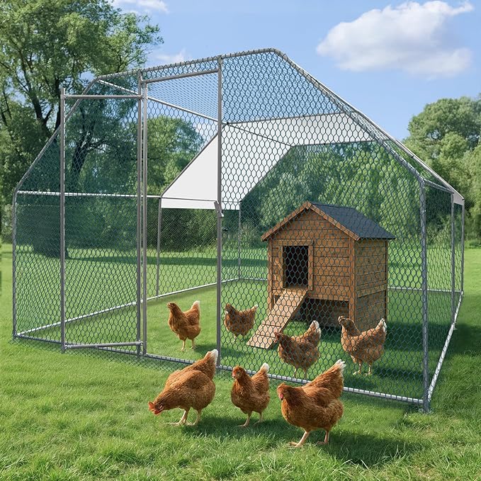 VINGLI Large Metal Chicken Coop, 13.1x9.8x6.5 ft Poultry Cage for Chicken Run, Walk-in Chicken Pen with Waterproof & Anti-UV Cover for Yard Outdoor (Silver-Flat Roof)