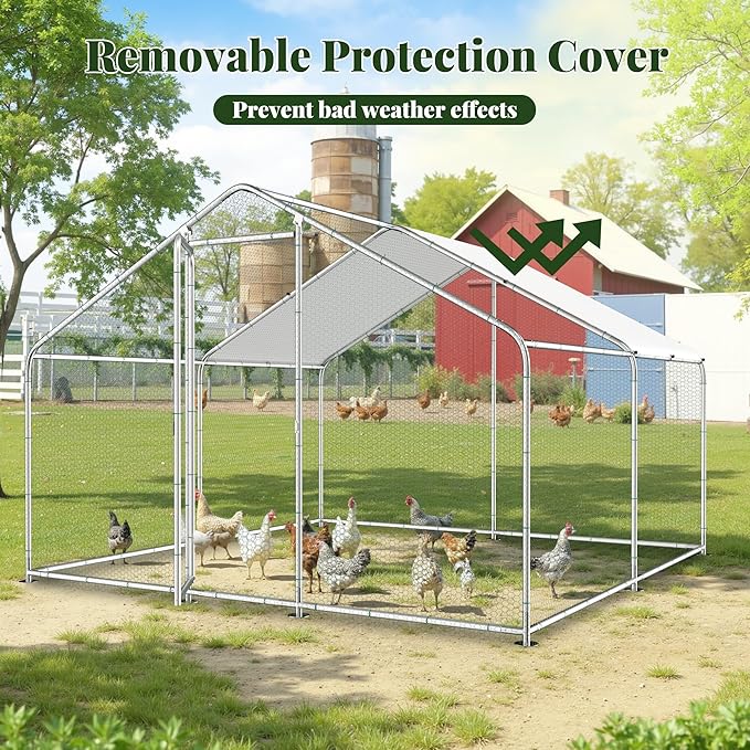 GOJOOASIS Chicken Coop for 20 Chickens Walk-in Chicken Run Large Metal Poultry Cage Outdoor Backyard Hen House for Small Animals with Waterproof Cover (10'L x 10'W x 6.6'H)