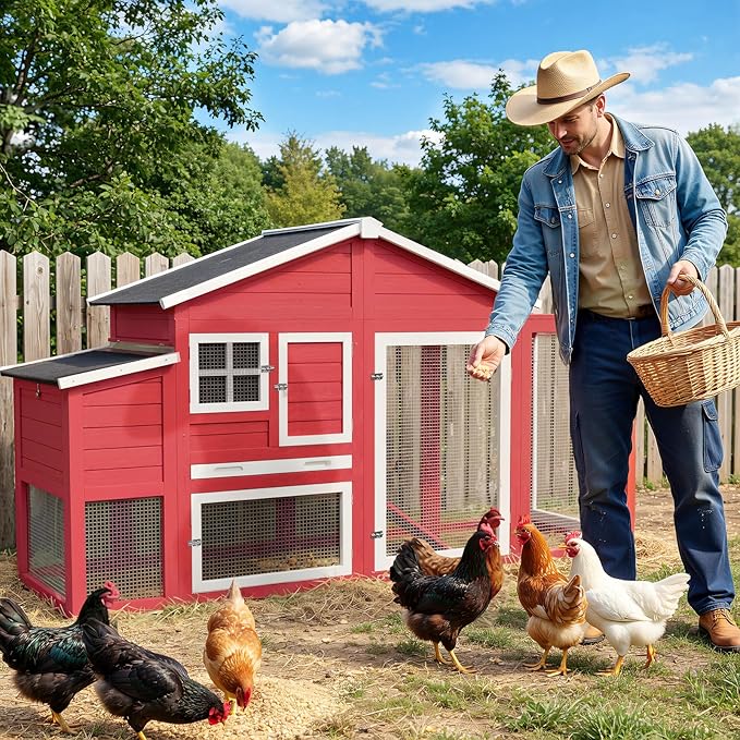 84.7''L Chicken Coop, Large Poultry Cage for 4-6 Chickens, Outdoor Hen House Design with Nesting Box, Weatherproof Roof and Leakproof Pull-on Tray, Easy to Install＆Clean(Red)