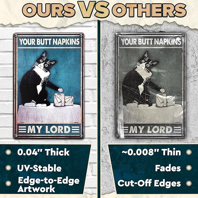 Funny Cat Bathroom Sign – “Your Napkin My Lord” 12 x 8 inch Tin Sign, Rustic Black Cat Wall Decor for Home, Farmhouse Bathroom Metal Plaque, Vintage Cat Wall Art for Toilet or Guest Bath