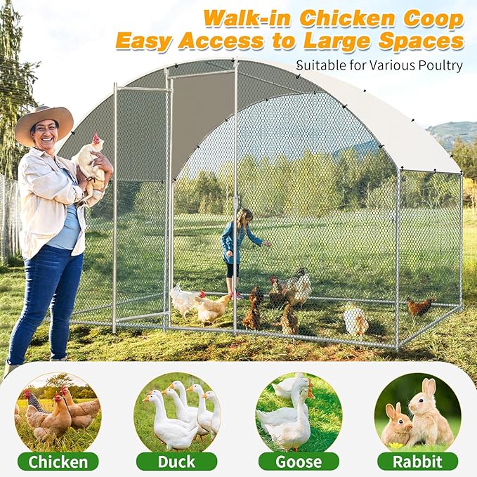 VINGLI Large Metal Chicken Coop, 6.5x9.8x6.5 ft Poultry Cage for Chicken Run, Walk-in Chicken Pen with Waterproof & Anti-UV Cover for Yard Outdoor (Silver-Dome Roof)