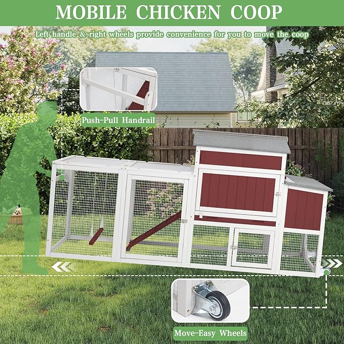 Chicken Coop Mobile Wooden Hen House with Nesting Box,166.4" L Outdoor Chicken House with 4 Wheels and Removable Tray,Fir Wood Chicken Tractor with 12 Ventilation Door and 2 Ramps,RED
