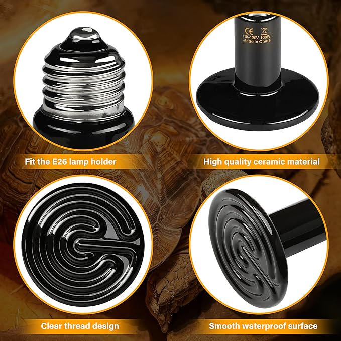 HealSmart Reptile Heat Lamp 150W Ceramic Heat Emitter, No Light Emitting Heat Bulbs for Amphibian Pet Brooder Coop Incubating Chicken, Lizard Bearded Dragon Turtle Snake Terrarium, 4-Pack