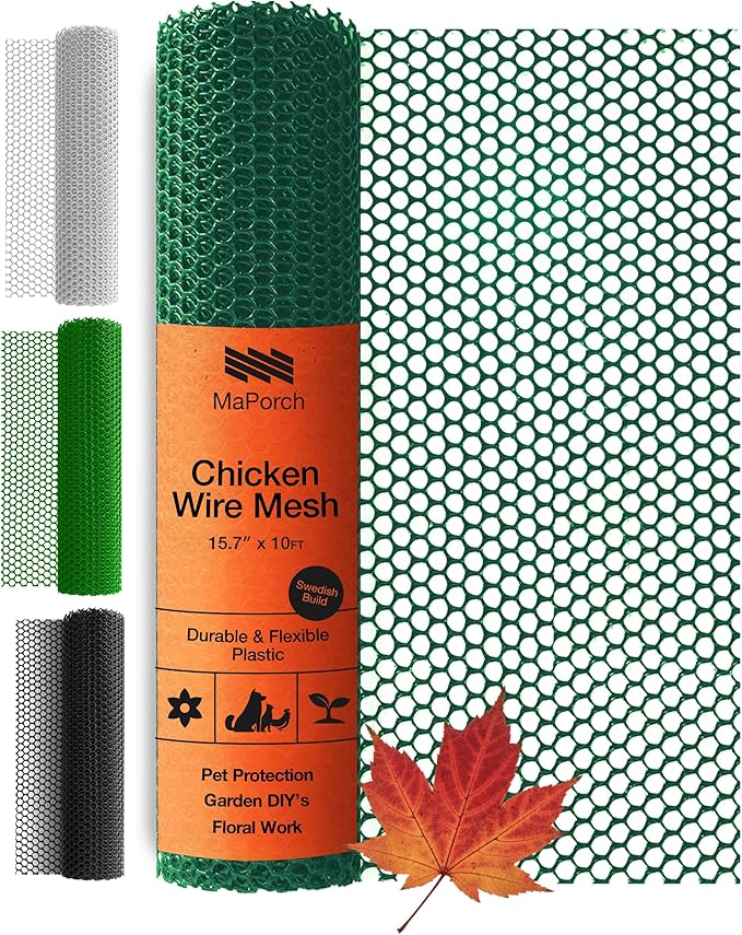 MaPorch Plastic Chicken Wire Mesh Fence - Green Mesh, 15.7 in x 10 ft - Quick-Install Chicken Wire Fencing - Plant Protectors from Animals - Weather-Resistant Garden Netting - Pet & Poultry Netting
