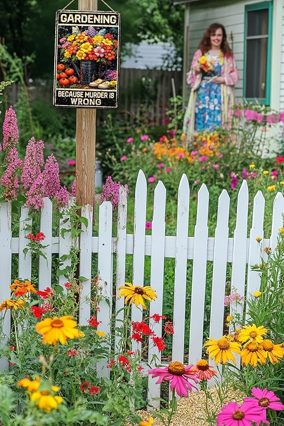 Vintage Garden Metal Sign Gardening Because Murder Is Wrong Metal Poster Home Garden Coffee Office Bar Pub Retro Aluminium Sign Art Wall Decor Plaque 12x8 Inch