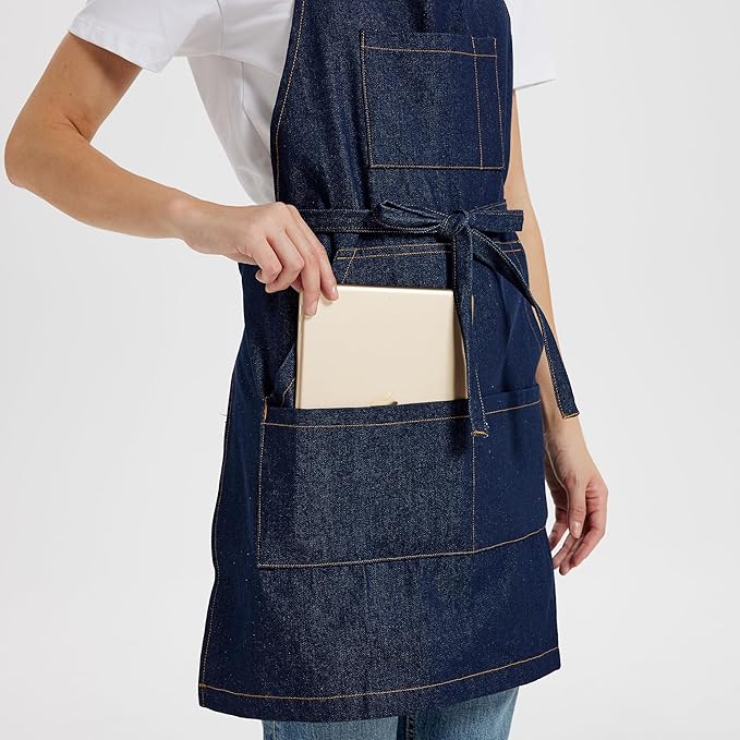 Chef Apron for Men Women with Large Pockets, Adjustable Denim Apron for Cooking, Baking, Gardening