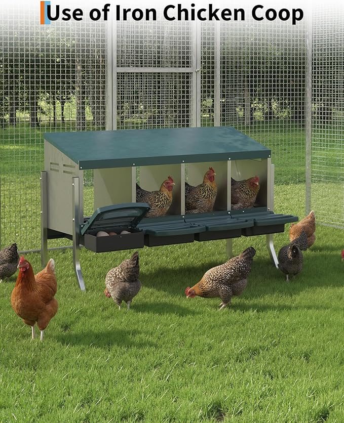 Chicken Nesting Box 4 Hole, Galvanized Steel Nest with Roll Away Egg Collection & Swing Perch, Easy-Clean Laying Box for Hens, Heavy Duty Design for Chicken Coop