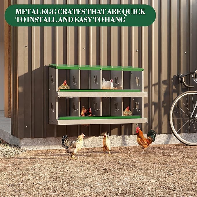 Chicken Nesting Box,8 Compartments Galvanized Steel Metal Chicken Laying Box with Roll Out Egg Collection,Wall Mount Chicken Nesting Boxes,Easy Egg Collection, Hen Roosting Boxes