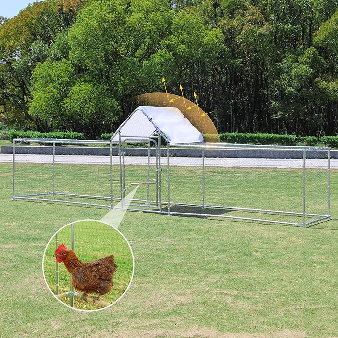 Chicken Coop Large Metal Chicken House/Pen for 15-20 Chickens, Outdoor Walk-in Poultry Cage Spire Shape for Ducks, Rabbits, Dogs Etc, Silver (196.85" L x 39.37" W x 59" H)