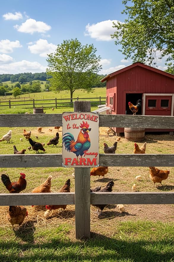 Welcome to The Funny Farm Aluminum Sign Humorous Chicken Coop Sign Rustic Farmhouse Welcome Sign for Backyard Flock 8x12 Inches Outdoor Metal Decor Style-04