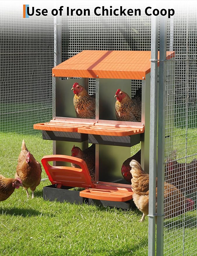 Chicken Nesting Box 4 Hole, Galvanized Steel Nest with Roll Away Egg Collection & Swing Perch, Easy-Clean Laying Box for Hens, Heavy Duty Design for Chicken Coop