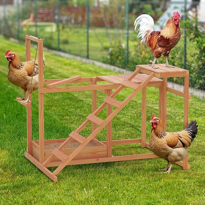 Chicken Perch Chicken Toys for Coops with Bird Swing, Ramp, Platform, Food Storage Easy to Clean, Suitable for coop Backyard Farms 34.5" x 27.5" x 31.5"