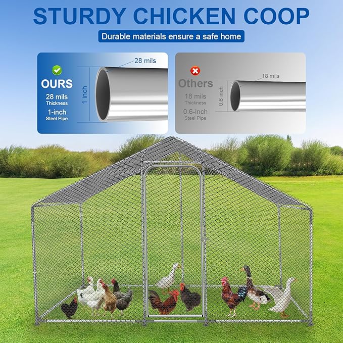 Large Metal Chicken Coop with Roof and Run for 6-10 Chickens, Walk-in Outdoor Chicken Runs for Yard with Waterproof Cover,Wire Mesh Poultry Cage as Hen House,Duck Coop,Rabbit Hutch