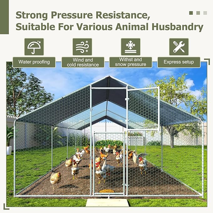 Large Metal Chicken Coop,19.7x9.8x6.4 FT Chicken Run for Yard with Waterproof & Anti-UV Cover,Walk in Chicken Pen with Feeding Door (26.2 * 9.8 * 6.4 ft)
