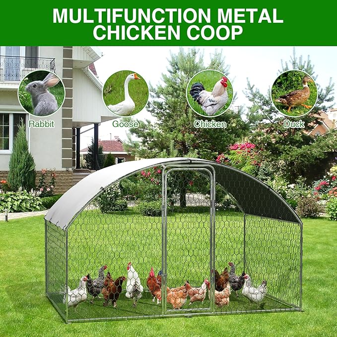 Large Metal Chicken Coop, Outdoor Chicken Runs for Yard with Cover,Large Chicken Run with Upgrade Tri-Supporting,Waterproof and UV-Resistant,Walk-in Poultry Cage for Farm Yard(9.8'l x 6.5'w x 6.5'h)