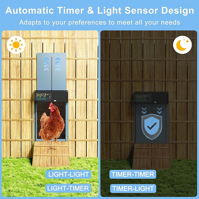 Automatic Chicken Coop Door Solar Powered with Programmable Remote, 4 Modes Combo Light and Timer Aluminum Chicken Door with LCD Color Display