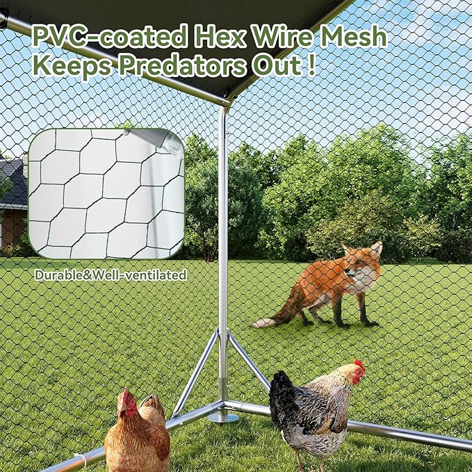 Aoxun Metal Chicken Coop, Outdoor Chicken Runs for Yard with Cover, Spire Roof Hen House Enclosure with Security Lock, Walk-in Cage Peak Hen House for Yard Farm (10x13x6.4 FT)
