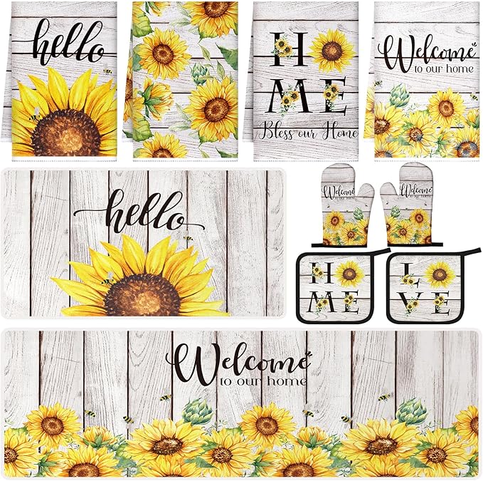 10 Pcs Farmhouse Sunflower Kitchen Decor Set Sunflower Kitchen Towels and Rugs Oven Mitts Pot Holders for Cooking Baking Grilling Gift