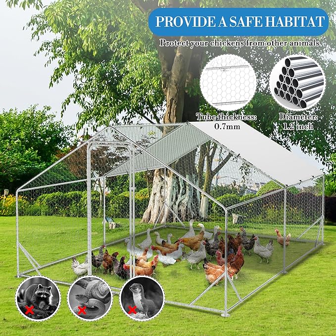Large Metal Chicken Coop, 13.1'L x 9.8'W x 6.6'H Walk-in Poultry Cage, Chicken Run Pen House with Waterproof & Anti-Ultraviolet Cover Chicken Coop Run for Outdoor Backyard Farm