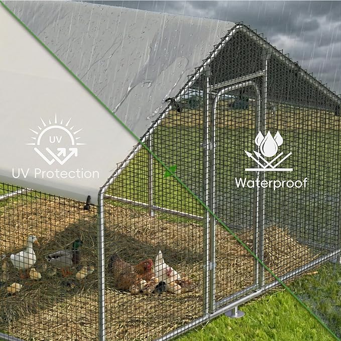 Large Metal Chicken Coop Run with Roosting Perch, Outdoor Poultry Cage with Waterproof & UV-Resistant Cover for Chickens, Ducks, Rabbits in Yard or Farm Use, Spire Roof(8.9'W x17.7'L x 6.6'H)
