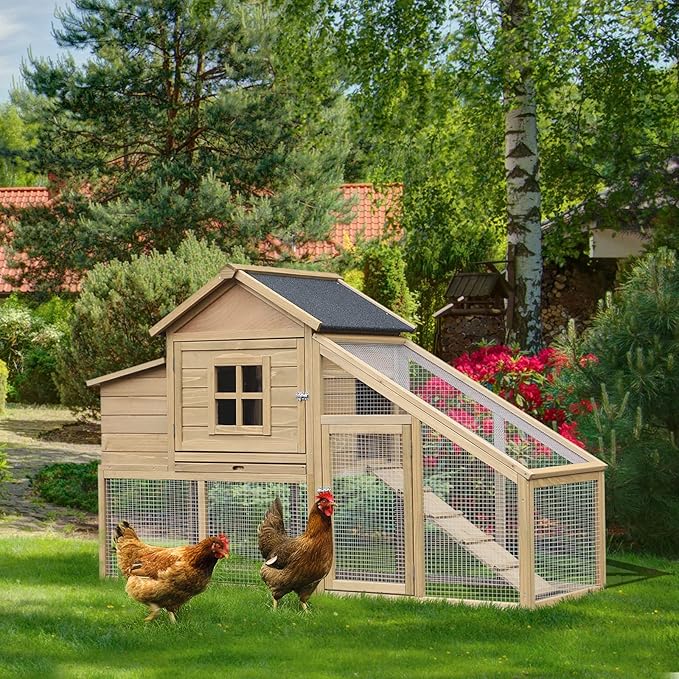 PawHut 69" Wooden Chicken Coop, Poultry Cage Hen House with Connecting Ramp, Removable Tray, Ventilated Window and Nesting Box, Natural