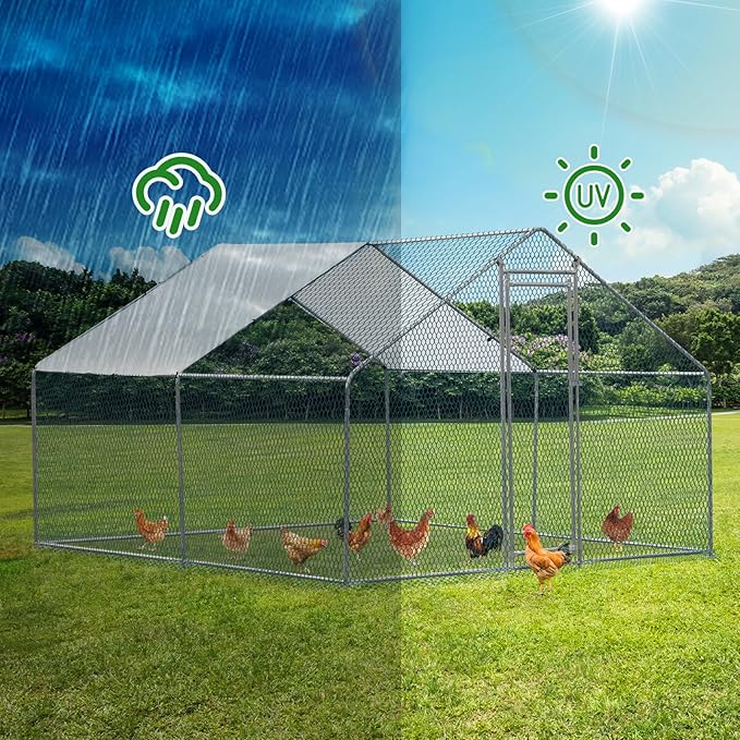 Outvita Chicken Coop, 10×10 FT Large Metal Chicken House, Poultry Habitat Cage with Waterproof Cover, Walk-in Chicken Run Pen for Small Animals, Yard, Farm, Patio