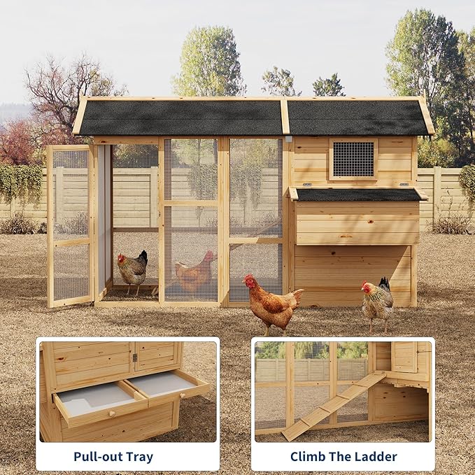 Spacious and Secure Wooden Chicken Coop – Large Outdoor Hen House Cage with Dual Access Doors, Nesting Box, Removable Tray for Easy Cleaning, Ideal for Chickens and Small Pets, Natural