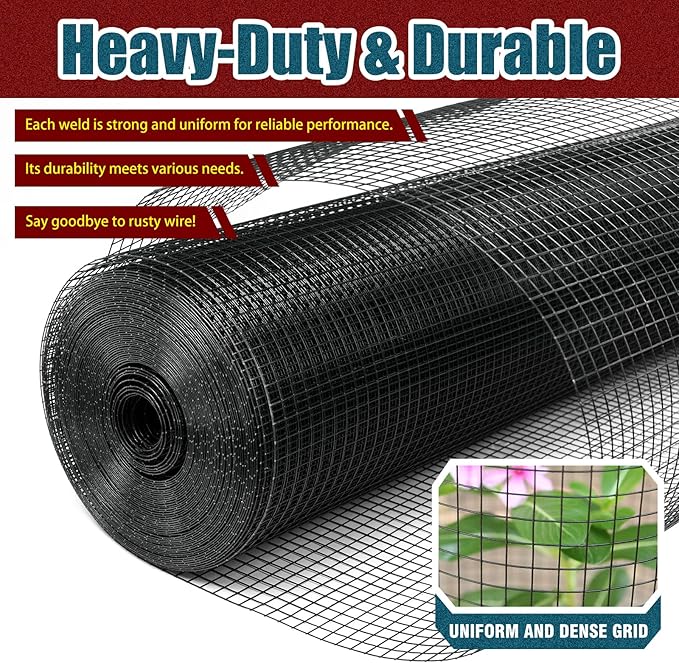 Black Hardware Cloth 1/2inx24inx100ft, 19GA, Chicken Wire Fencing Roll, Black Chicken Wire Mesh, Vinyl PVC Coated Welded Wire Mesh for Chicken Coop Barrier, Rabbit Snake Poultry Fences