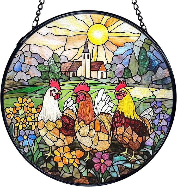 TNUW Chicken Flower Stained Glass Window Hanging, Rustic Farmhouse Chicken Flower Garden Sun Catchers Indoor Window Glass Round Wall Art Decor, Farm Animal Wall Hanging Decorations, 7.9＂x7.9＂