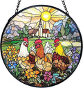 TNUW Chicken Flower Stained Glass Window Hanging, Rustic Farmhouse Chicken Flower Garden Sun Catchers Indoor Window Glass Round Wall Art Decor, Farm Animal Wall Hanging Decorations, 7.9＂x7.9＂