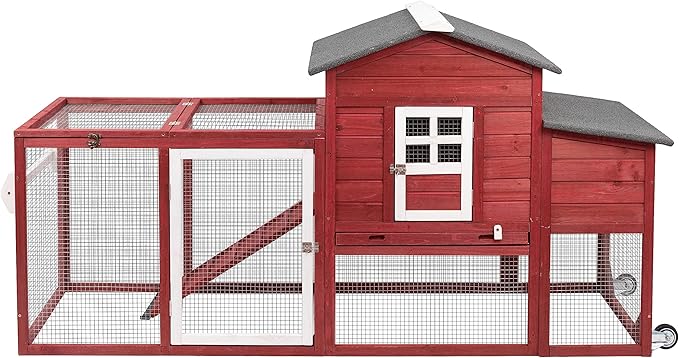 Chicken Coop Solid Wood with Large Run Cage 2 Stories - Asphalt Roof, Nest Box, Pu Wheels, Expandable Solid Wood Cage