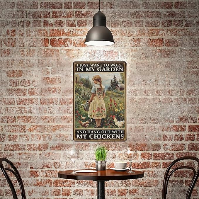 Vintage Girl Chicken Metal Tin Sign Farm Chicken Sign Poster Wall Decor-Retro Chicken Accessories Coop Signs Chicken Signs 8 x 12 inches