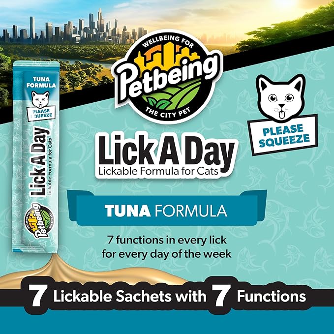 Lick a Day | Specially Formulated 7-in-1 Functions Daily Real Meat Lickable Cat Supplemets | Tasty Cat Puree Squeeze ups for Cats & Pet Vitamins Combination (7-Pack x 4, Tuna)