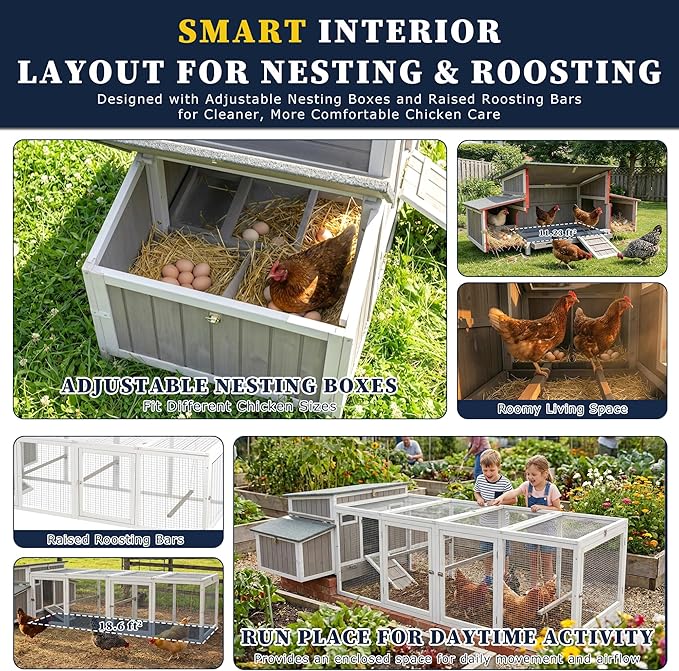 Outdoor Chicken Coop Wooden Hen House with Run for 2-4 Chickens Hens Coop for Backyard Weatherproof Roof, Nesting Box, Roosting Bar, Pull-Out Tray for Small Pets Rabbit (COOP84+RUN88)