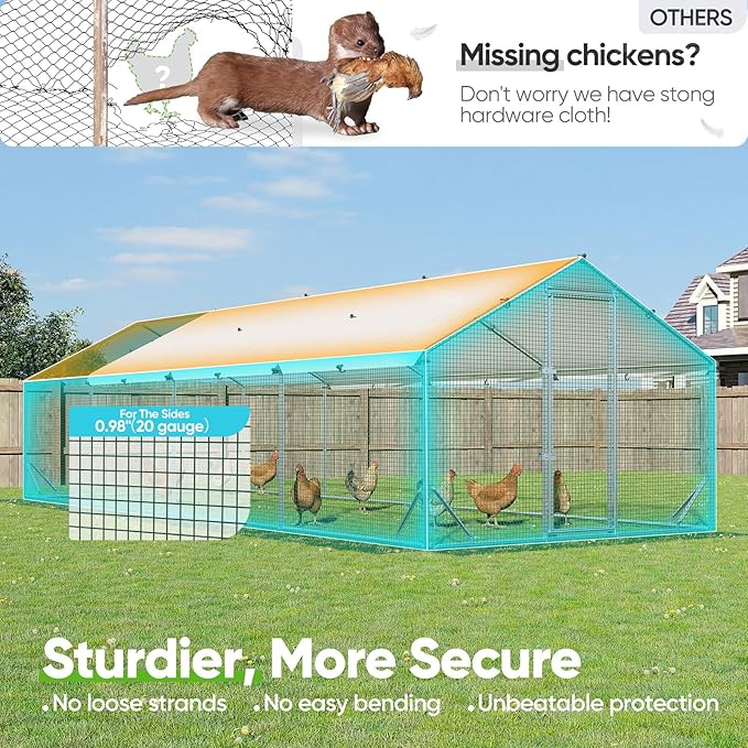 Quictent Advanced Series 24x9 ft Metal Chicken Coop Run with Side Hardware Cloth, Large Walk-in Outdoor Poultry Cage Heavy Duty Predator Proof Hen Duck Rabbit Farm Pen House, Waterproof Anti-UV Cover