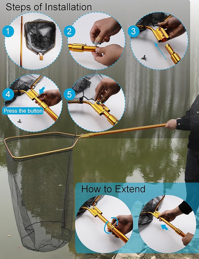 Beoccudo Extra Large Saltwater Fishing Net - 70.8"-105" Heavy Duty Telescopic Aluminum Handle, 37" Deep Snag-Free Rubber Mesh for Big Catfish Bass, Kayak Fishing Net with Carrying Bag