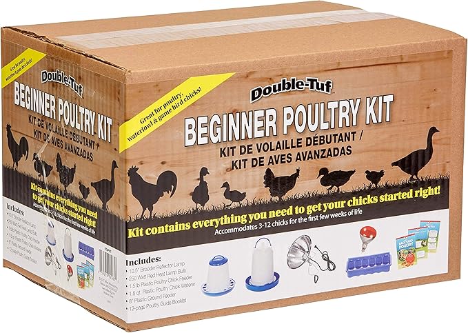 Double-Tuf® Chicken and Poultry Starter Kit | Heat Lamp, Light Bulb, Feeders, Waterer, and Guide Book for Backyard Outdoor Chick Farmers | Backyard Chicken Beginner Supply Kit