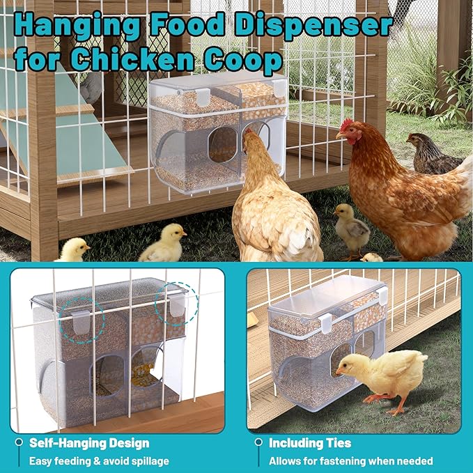 Automatic Chicken Feeder, Hanging Food Dispenser for Chicken Coop, No Waste Feeder with 2 Holes, Coop Accessories for Keep Food Dry & Keep Coop Tidy