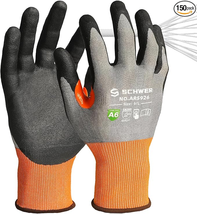 Schwer A6 AIR-SKIN Cut Resistant Work Gloves, Comfortable & Breathable, 21-Gauge Seamless Knit Flexible Safety Working Gloves with Grip for Refined Task, Touch-screen, 150 Pairs, S, AR5926