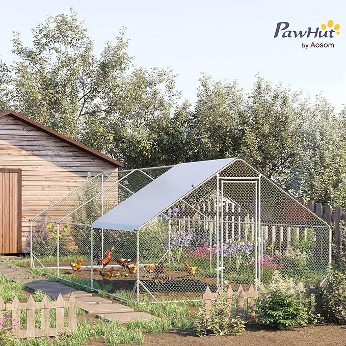 PawHut Large Chicken Coop Metal Chicken Run with Waterproof and Anti-UV Cover, Spire Shaped Walk in Fence Cage Hen House for Outdoor and Yard Farm Use, 1" Tube Diameter, 9.8' x 19.7' x 6.6'
