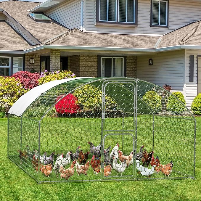 Large Metal Chicken Coop, Walk-in Poultry Cage, Chicken Run Pen House with Waterproof & Anti-Ultraviolet Cover Chicken Coop Run with Double Lockable Doors for Outdoor and Backyard 9.8 x 13.1X 6.6ft