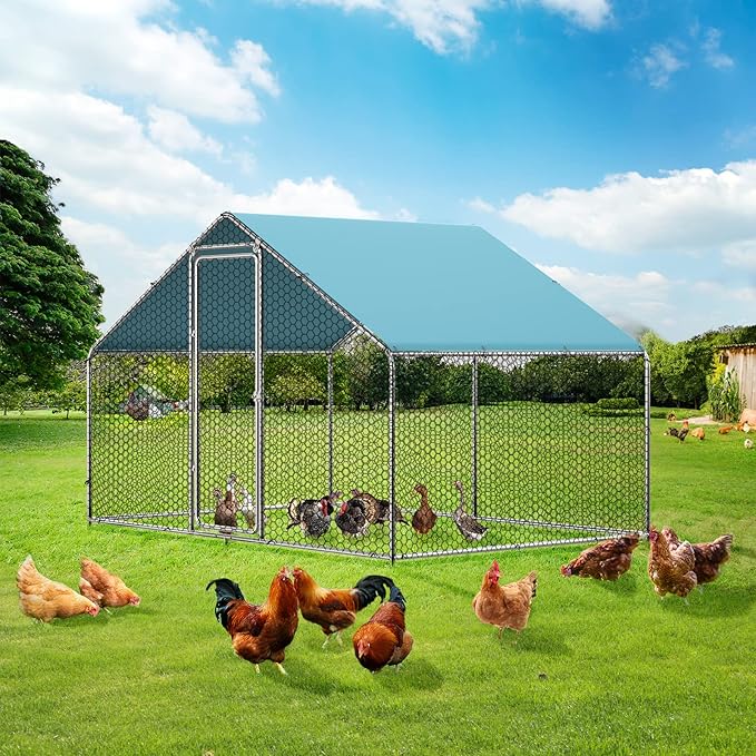 ROOMTEC Chicken Coop Run Large Metal Chicken Pen for 6-10 Chickens, Poultry Cage Spire Shape Coop, Heavy Duty Walkin Chicken Runs for Yard with Waterproof and Anti-UV Cover