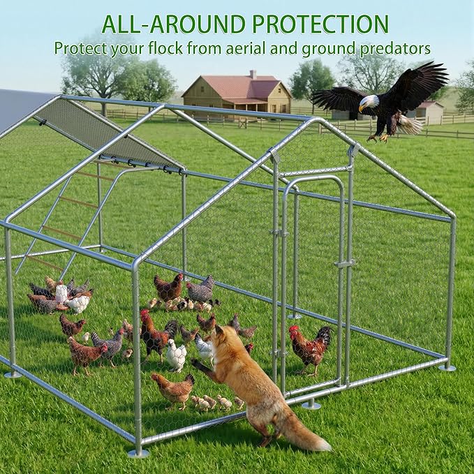 Large Metal Chicken Coop with Waterproof and UV-Resistant Cover,Chicken Run Outdoor Walk-in Cage Rabbit Duck Hen House for Yard Farm Use Spire Roof(10' L x 14.8' W x 6.4' H)