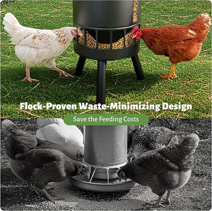 KOL 50LB Metal Chicken Feeder - No Waste, No Clog Design with 16 Ports & Smooth Gravity-Flow, Powder Coated Rust-Proof for Coop Use (Black)