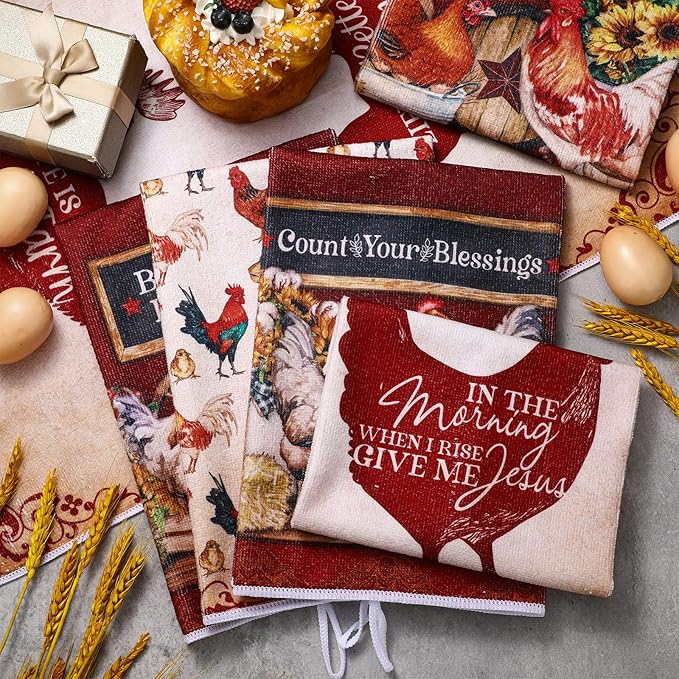 Bencailor 6 Pcs Farmhouse Kitchen Towels Chicken Rooster Kitchen Decor Farm Animal Hand Towels for Cooking Baking Housewarming Gift,15.75 x 23.62 inch(Deep Red,Rooster Hen)