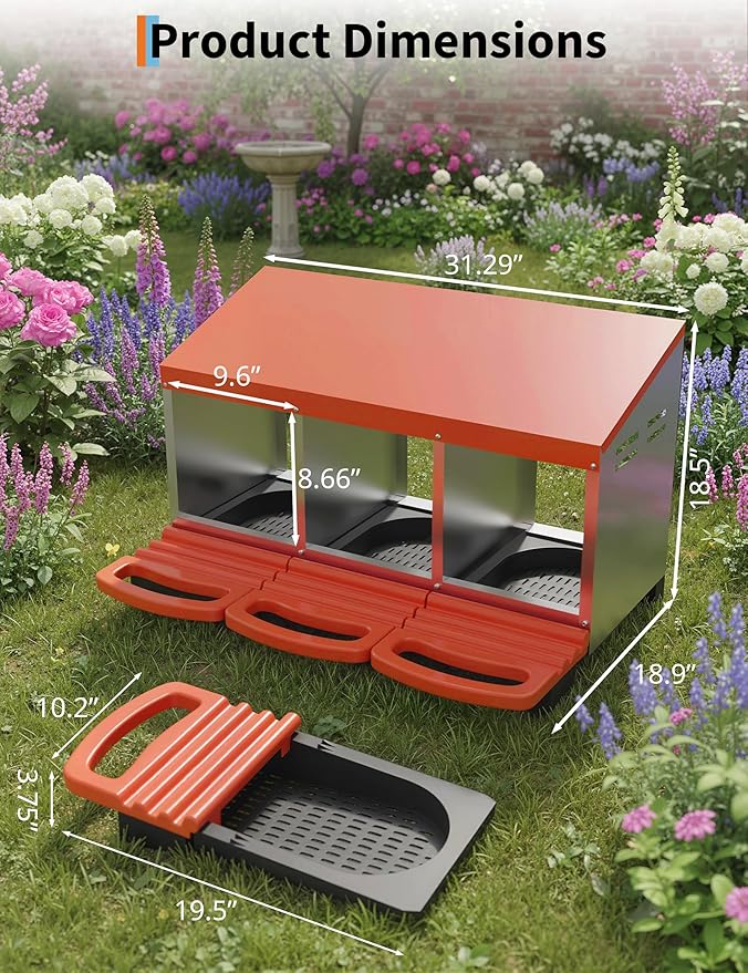 Chicken Nesting Box 3 Hole, Galvanized Steel Nest with Roll Away Egg Collection & Swing Perch, Easy-Clean Laying Box for Hens, Heavy Duty Design for Chicken Coop