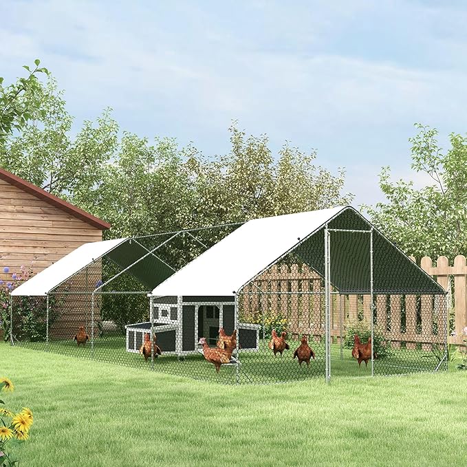 PawHut Large Chicken Coop Metal Chicken Run with Waterproof and Anti-UV Cover, Spire Shaped Walk in Fence Cage Hen House for Outdoor and Yard Farm Use, 1" Tube Diameter, 9.8' x 26.2' x 6.6'