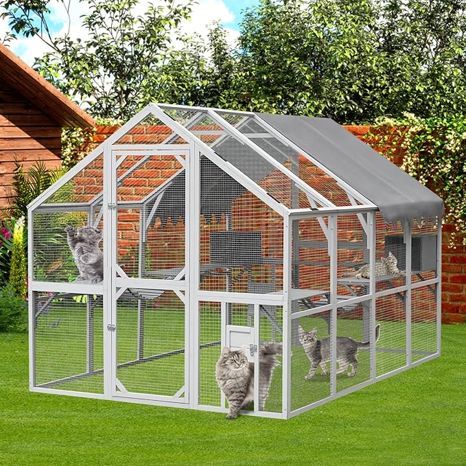 KEIKI 110"L Outdoor Large Chicken Coop with Waterproof Cover, Roosting Platform, Wire Mesh & 2 Lift Small Doors with Locks, Wood Chicken Coop House with Run for Cat Kitten Playpen, Duck, Rabbit, Quail