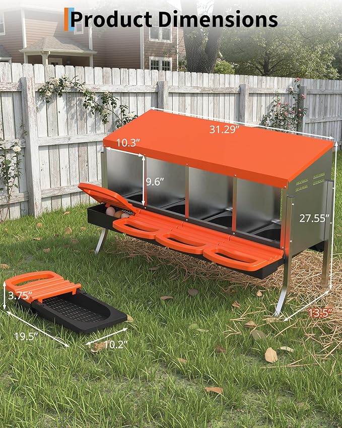 Chicken Nesting Boxes, 4 Hole Metal Rollaway Nest Box for Laying Hens with Cleanable Pull-Out Trays Wall Mount or Placed Design for Easy Egg Collection & Cleaning(Includes Legs)